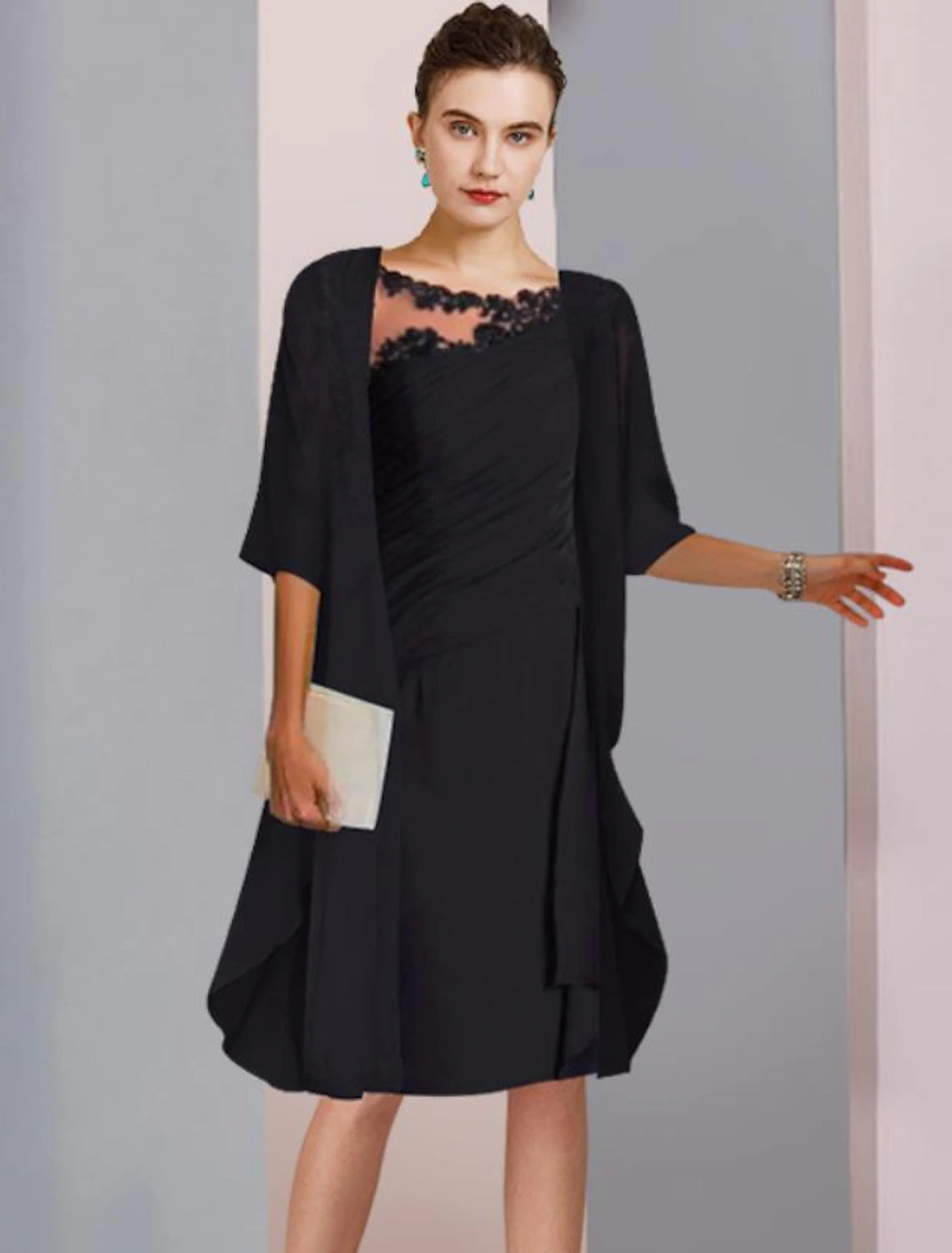 Wholesale  Two Piece A-Line Mother of the Bride Dress Wedding Guest Elegant Scoop Neck Knee Length Chiffon Lace Half Sleeve Wrap Included Jacket Dresses with Ruched Appliques